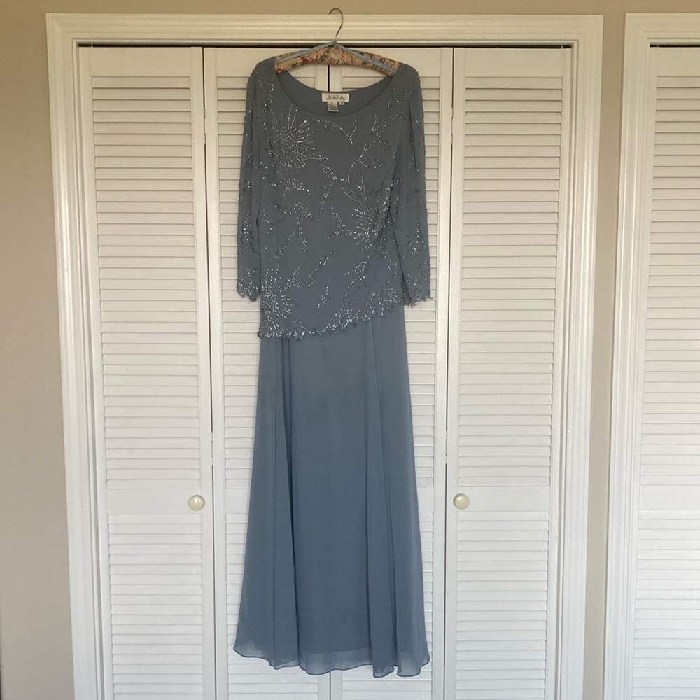 Elegant Dusty Blue Beaded Maxi Dress